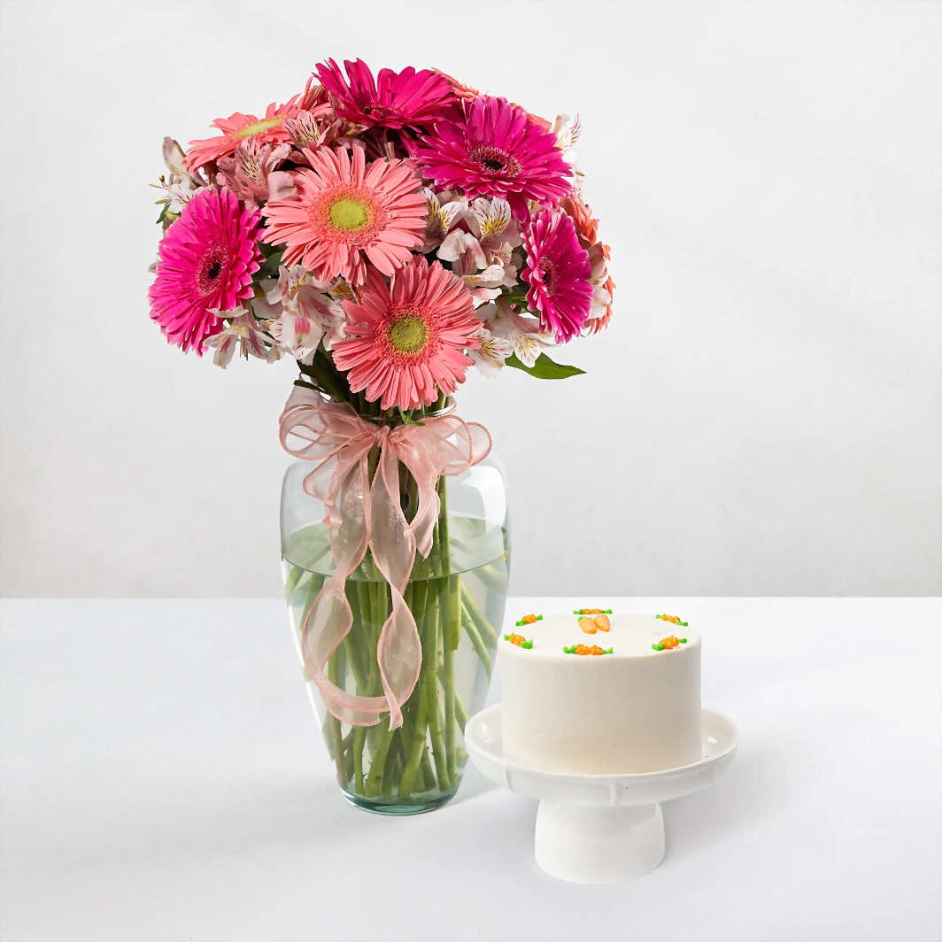 Pastel Zanahoria Jeffrey con Arreglo de Gerberas y Alstroemerias  23315