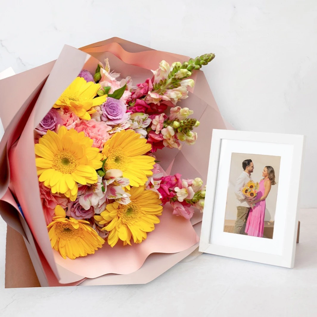 Personalize White Frame with Gerbera Daisy Bouquet  23320