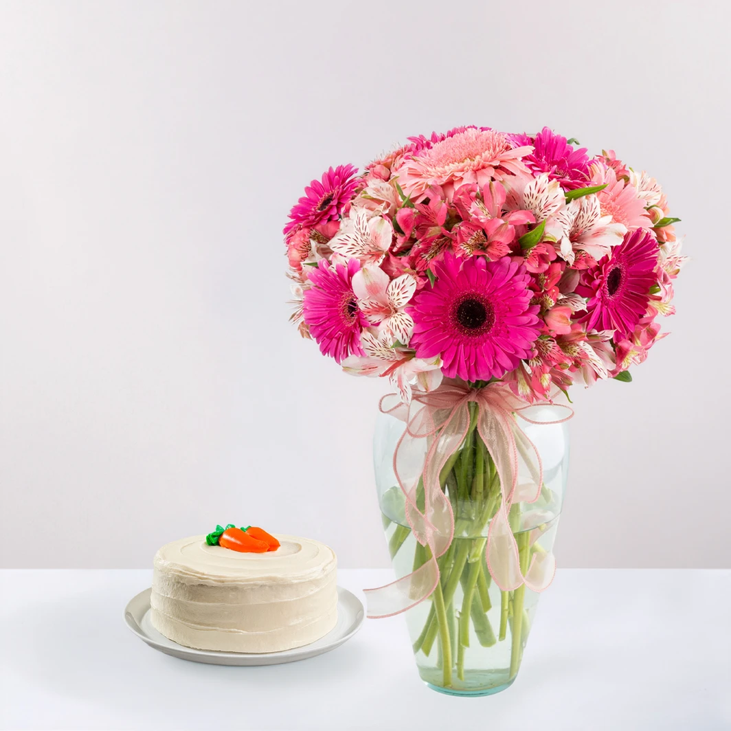 Pastel Zanahoría con Arreglo de Gerberas y Alstroemerias 23331
