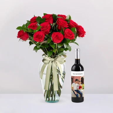 Personaliza Vino 3V Feliz aniversario con foto y 12 rosas rojas 23401