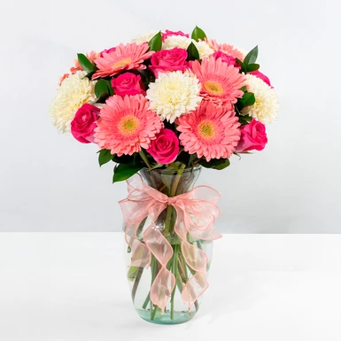 Arreglo de Gerberas con Rosas Fucsia	 23421