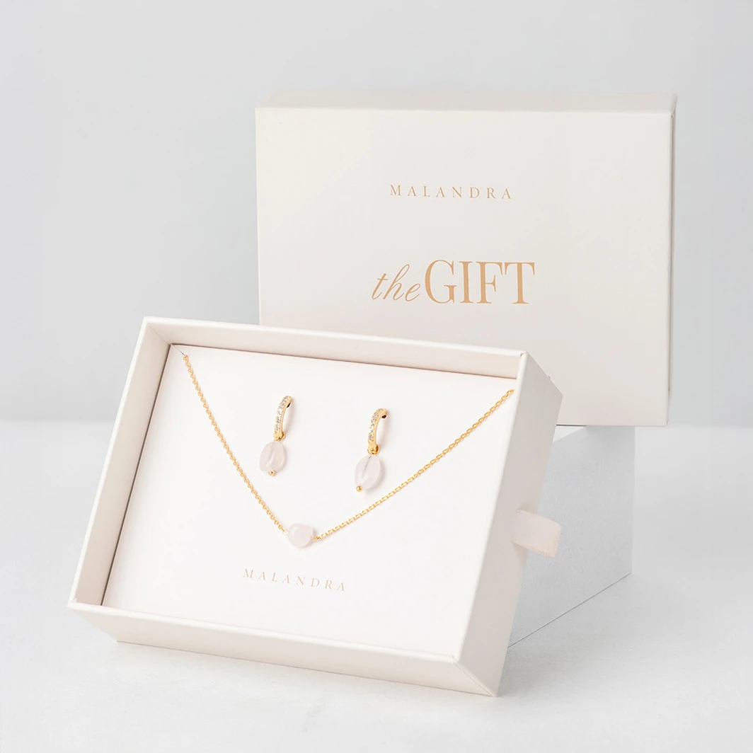 Malandra Rose Quartz Earrings and Necklace Set 23426