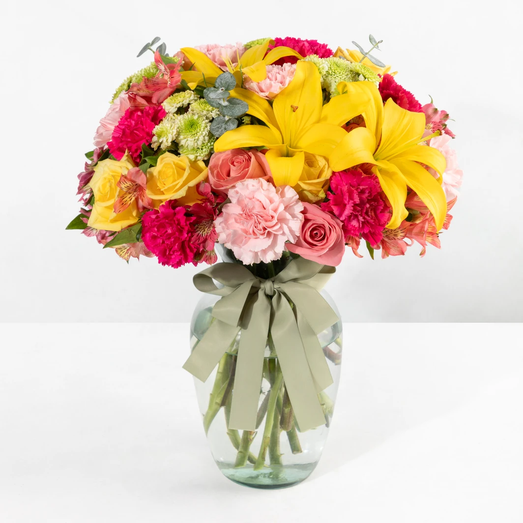 Arrangement of Roses and Yellow Lilies 23570