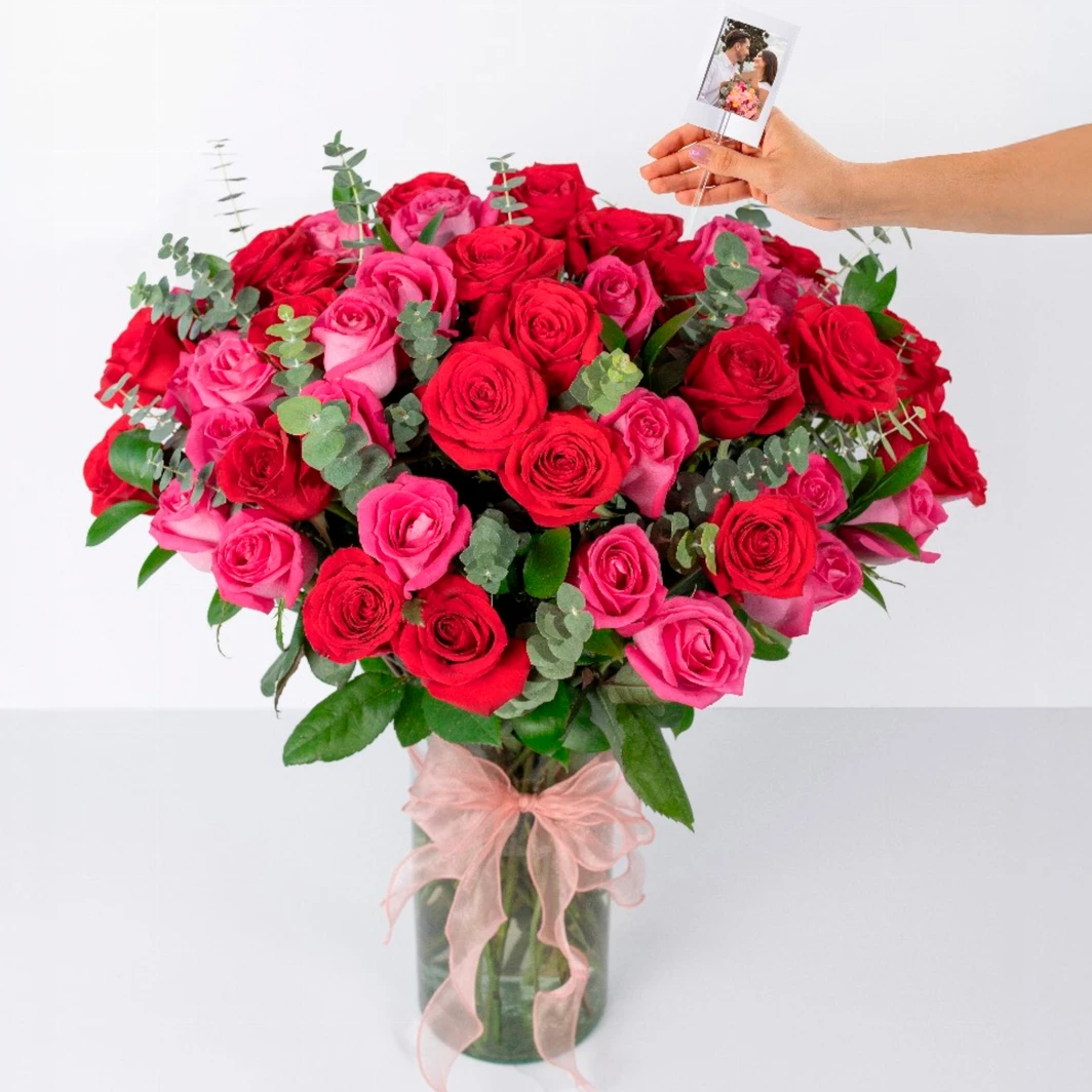 Arreglo de Rosas Rojas y Fucsia con mini foto 23643