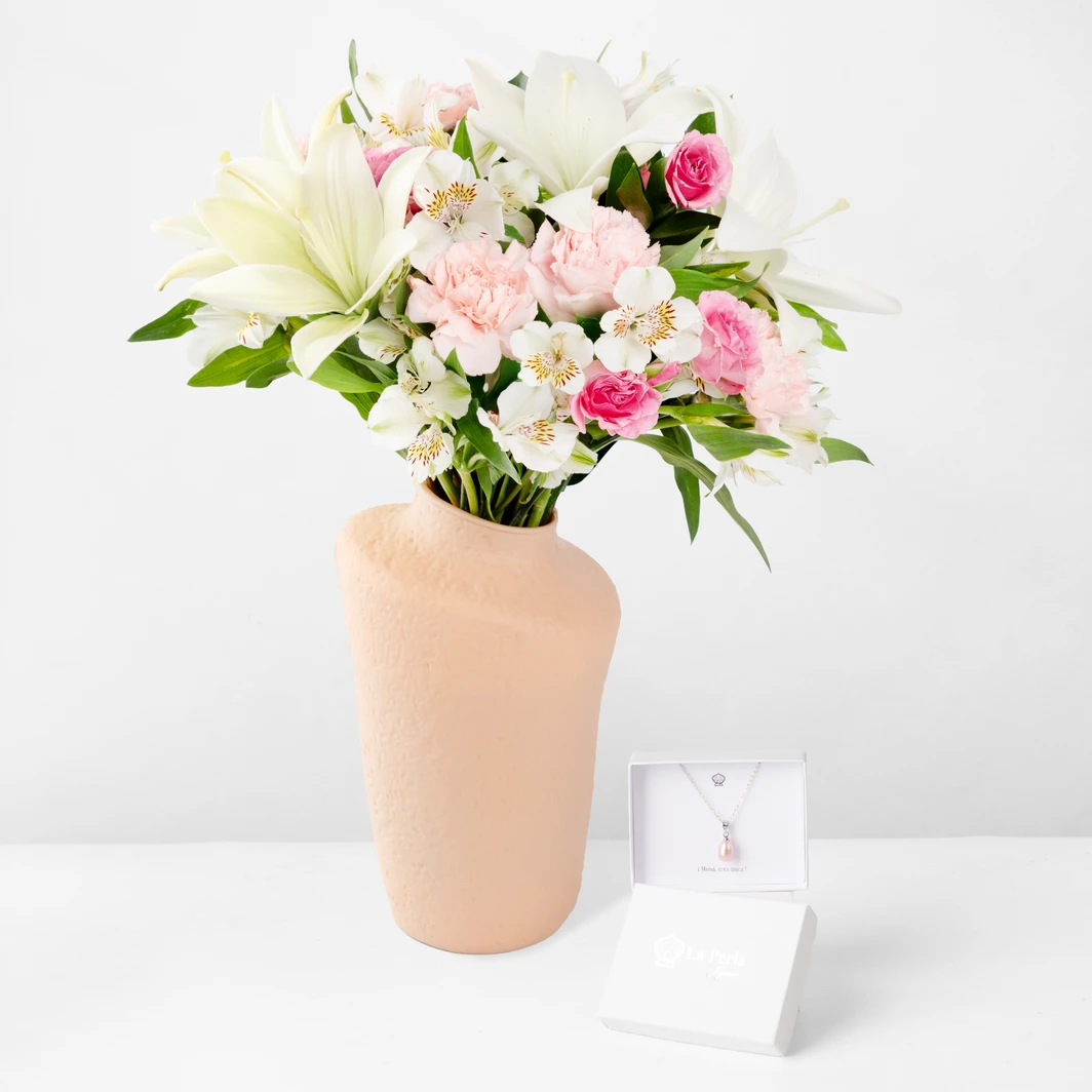 Lilys Blancas y Mini Rosa con Collar Perla Rosa 23689
