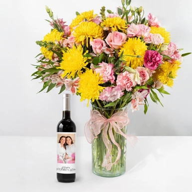  Personaliza Vino 3V con foto "Happy Mother´s Day" y Arreglo Codorniz Con Rosas Rosas 23740