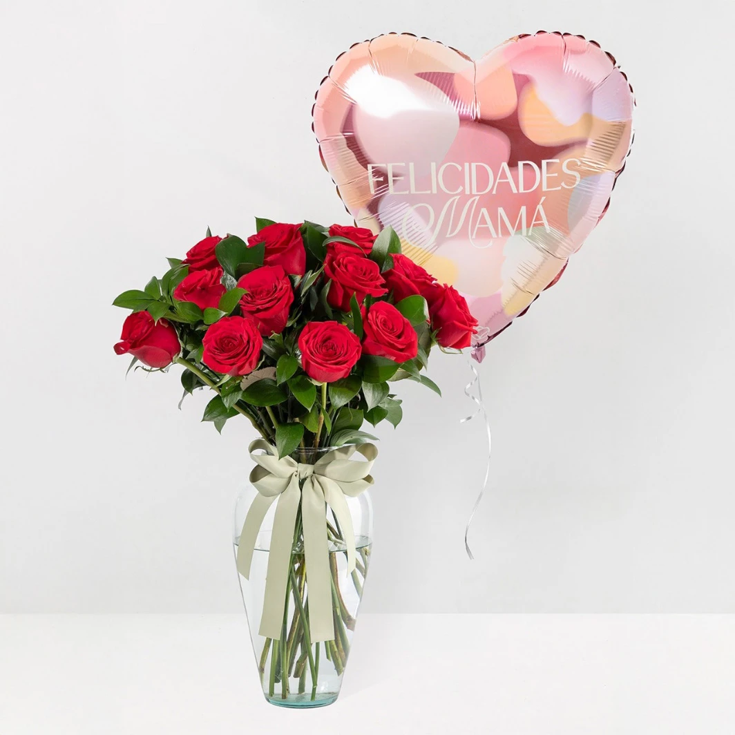 12 Rosas Rojas con Globo  23852
