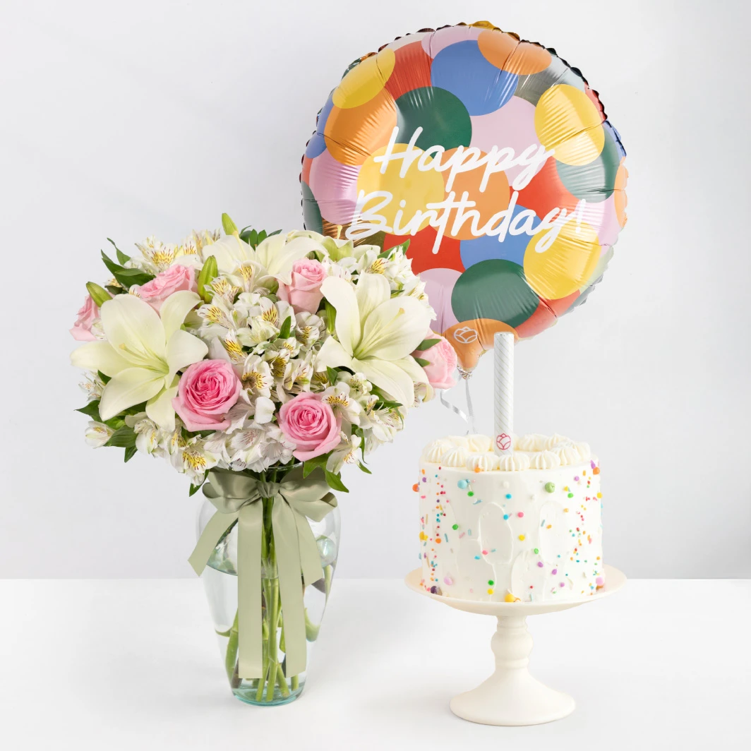 Birthday Cake with Pink Roses and Balloon 23989