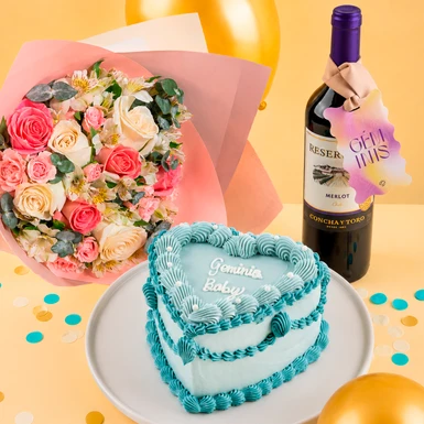 Kit Géminis con Pastel La Divinata, Flor y Vino 24049