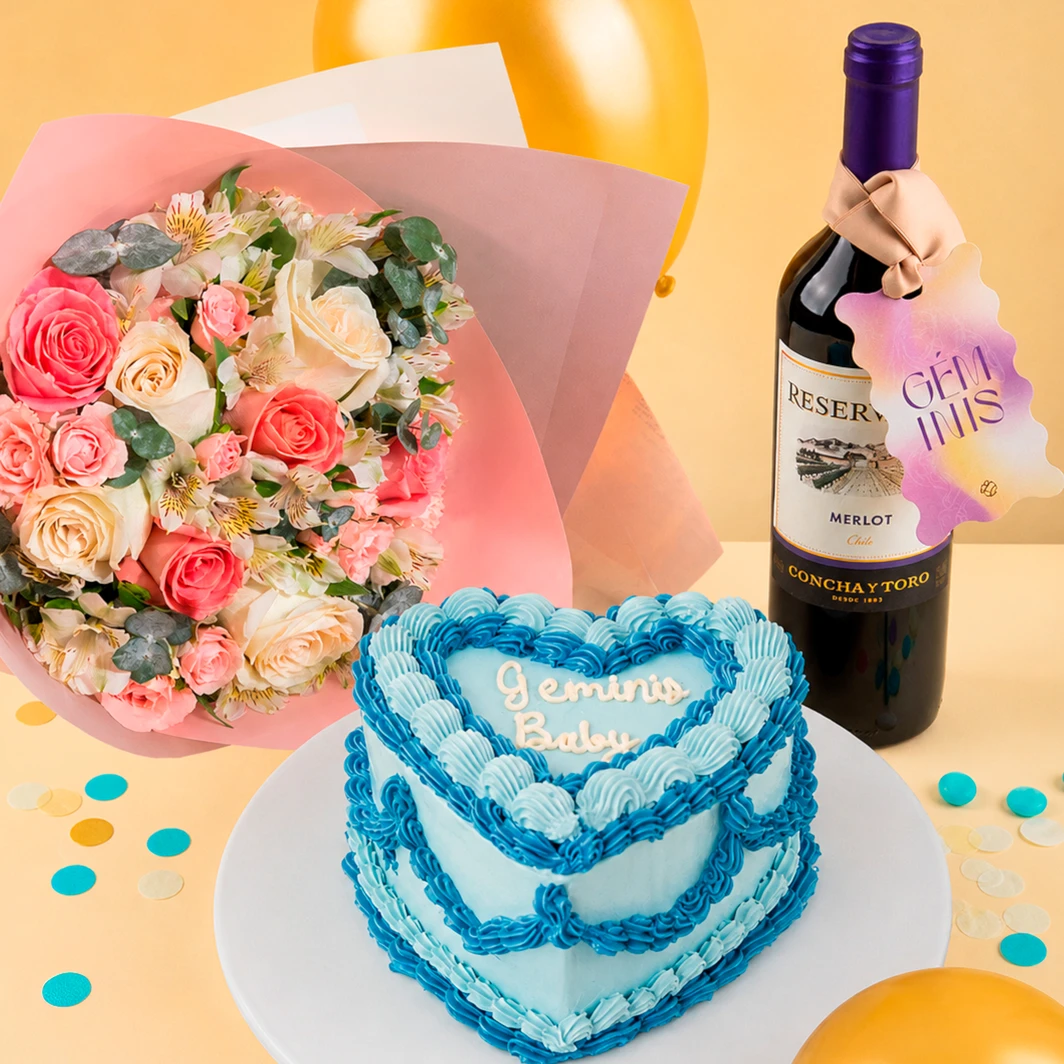 Kit Géminis con Pastel Florence, Flor y Vino 24050