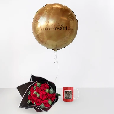 Personaliza taza con foto diseño "Te quiero" 15oz con Ramo de 12 rosas rojas y Globo 24078