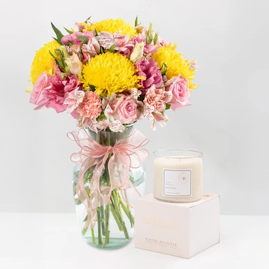 Arreglo Codorniz y Rosas Rosas con Vela Blond Revolver  24086