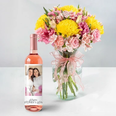 Personaliza Vino Beringer con foto y Arreglo Codorniz Con Rosas Rosas 24087