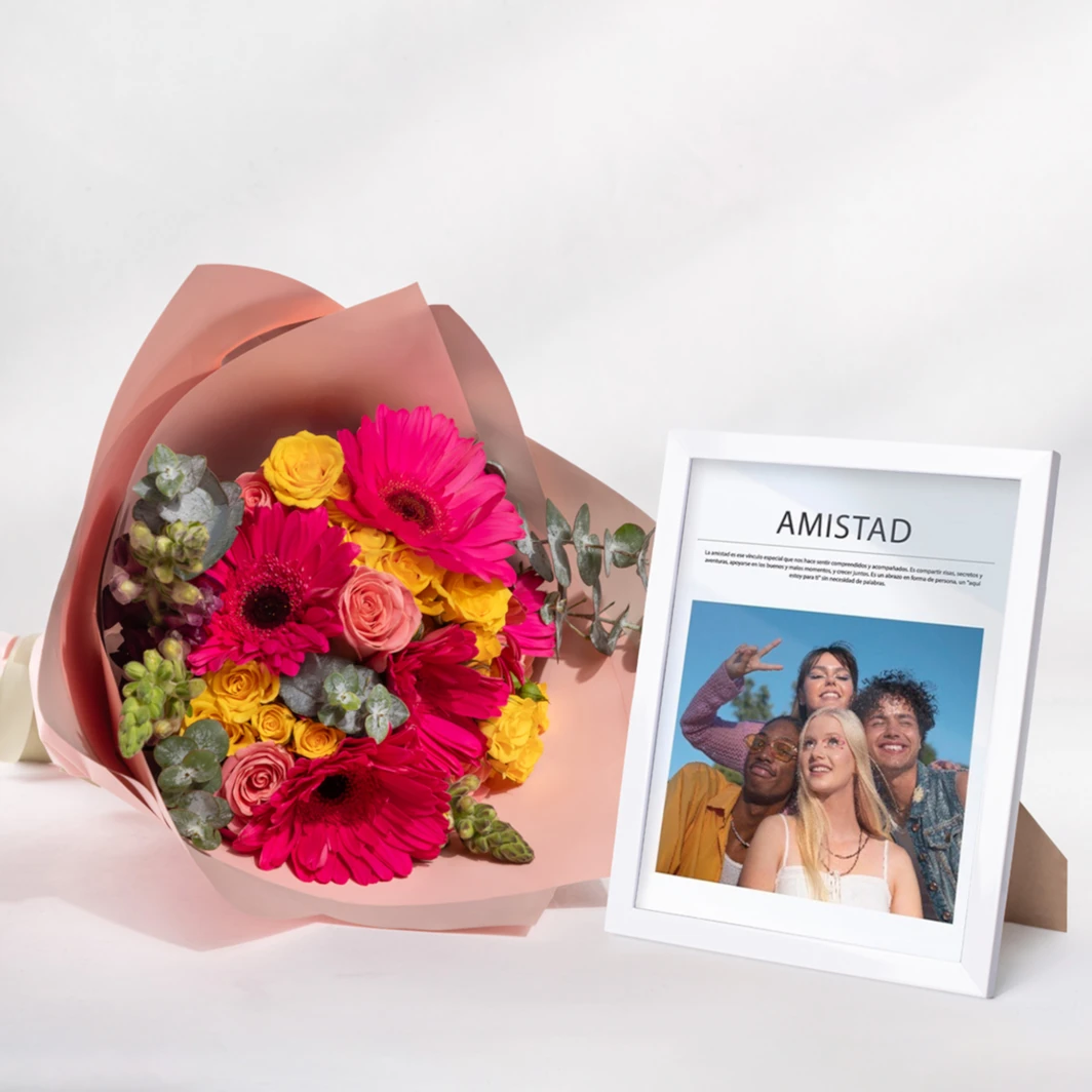 Personaliza Marco Blanco "Amistad" con Ramo de Gerberas	 24334