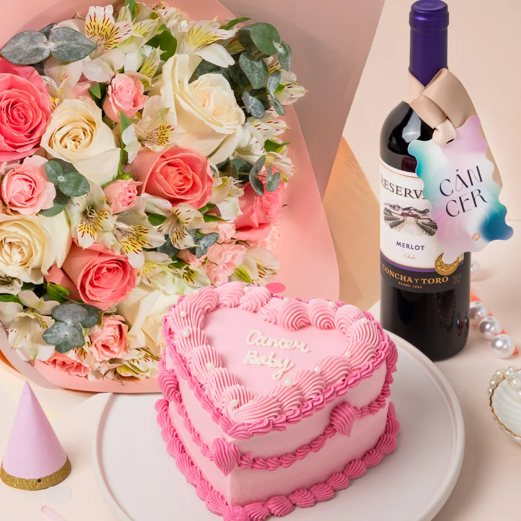 Kit Cancer con Pastel, Flor y Vino 24349