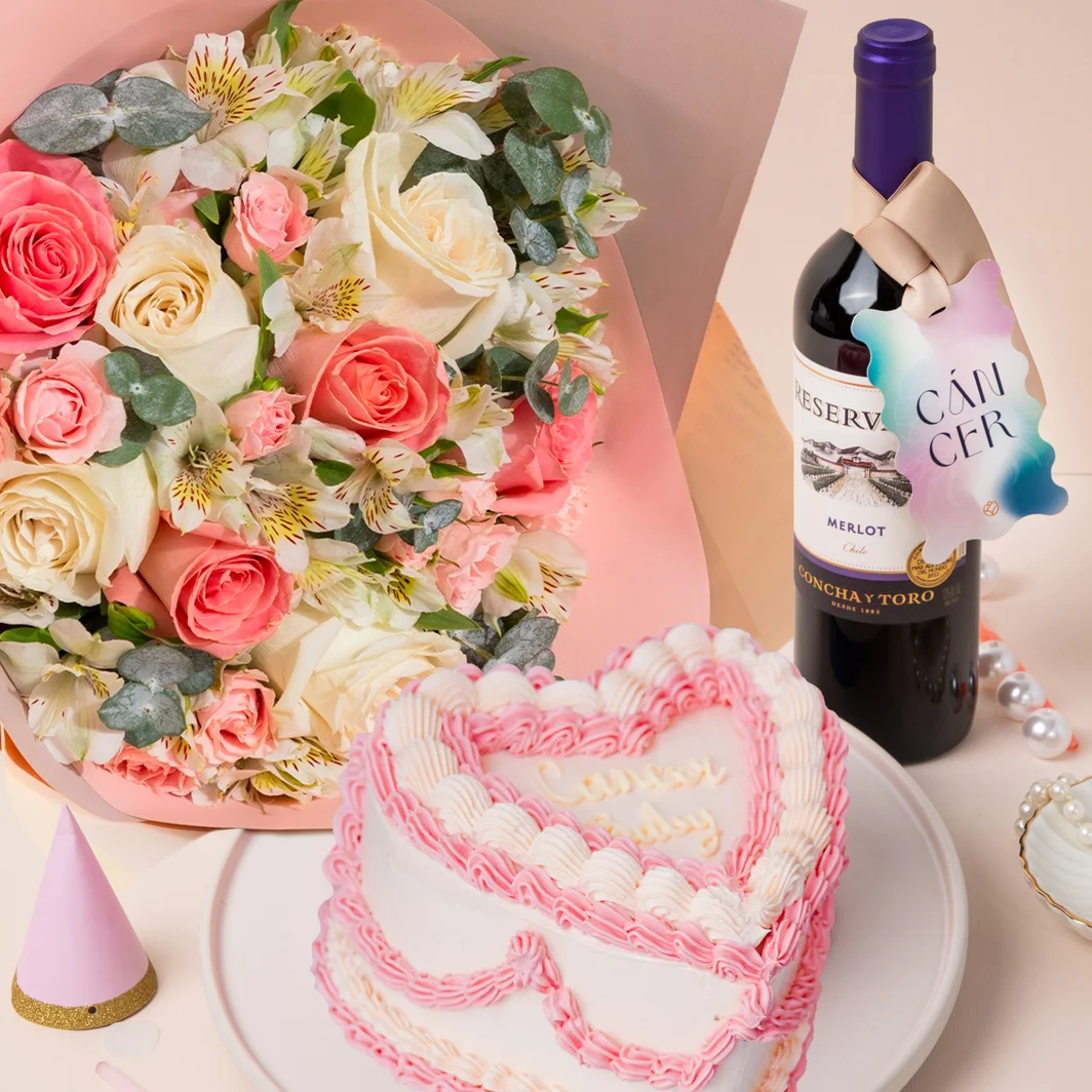 Kit Cancer con Pastel, Flor y Vino 24350