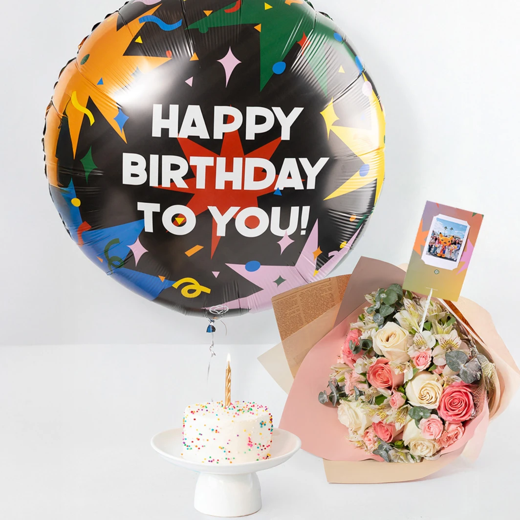 Kit Cumpleaños Flor,Mini Pastel, Globo Happy Birthday y Polaroid 24532