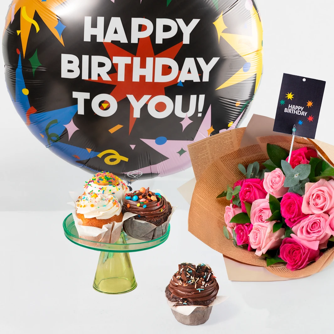 Kit Cumpleaños Flor,Muffins, Globo Happy Birthday y Polaroid 24533