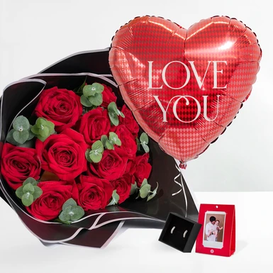 Kit 12 Rosas Rojas, Aretes,Globo y Polaroid 24539