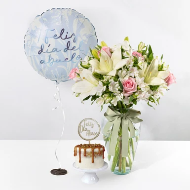 Mini Pastel Vainilla con Rosas y Lily con Globo 24677