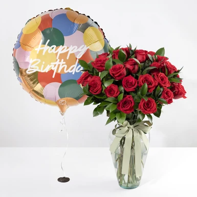 24 Rosas Rojas con Globo "Happy Birthday" 24680