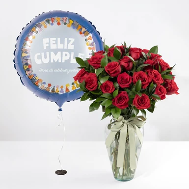 24 Rosas Rojas con Globo "Feliz Cumple!" 24681