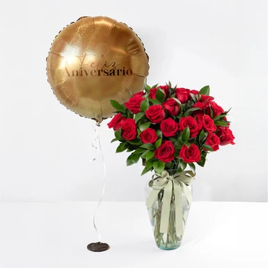 24 Rosas Rojas con Globo "Feliz Aniversario" 24682