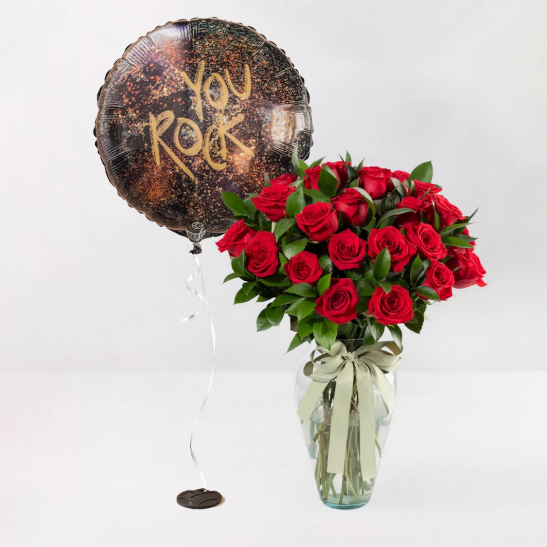 24 Rosas Rojas con Globo "You Rock" 24683