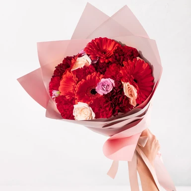 Beso Ramo con Gerberas Rojas y Claveles 24746