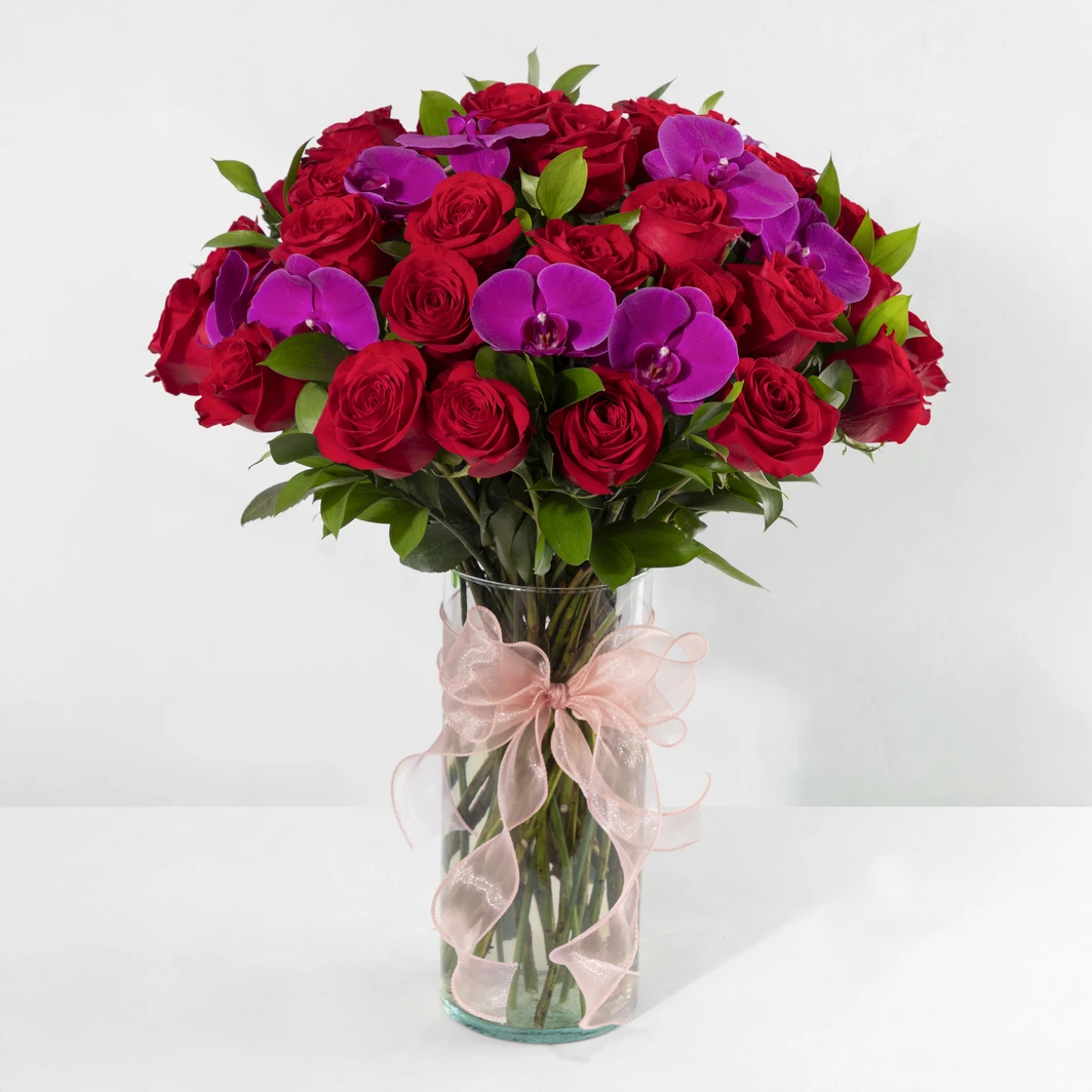 Moment Arrangement with Red Roses and Orchids 24750