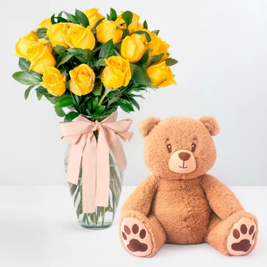 Oso Peluche con Sus Flores Amarillas 12 Rosas 24759