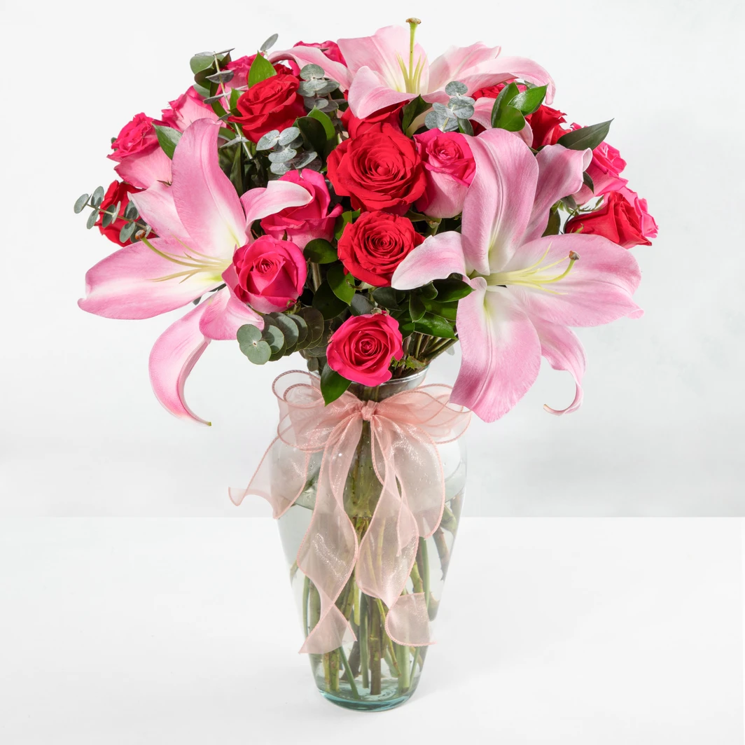 Arrangement of Red Roses and Stargazers 24765