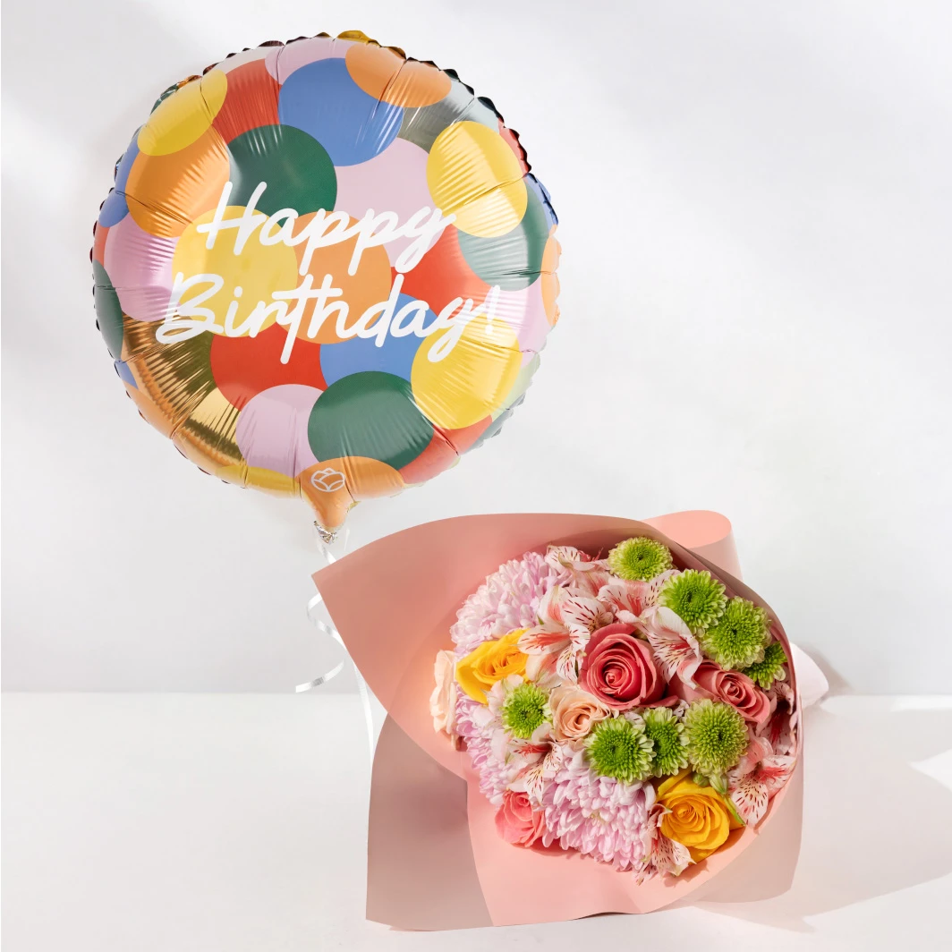 Ramo de Rosas con Roxanne y Globo Happy Birthday 24768