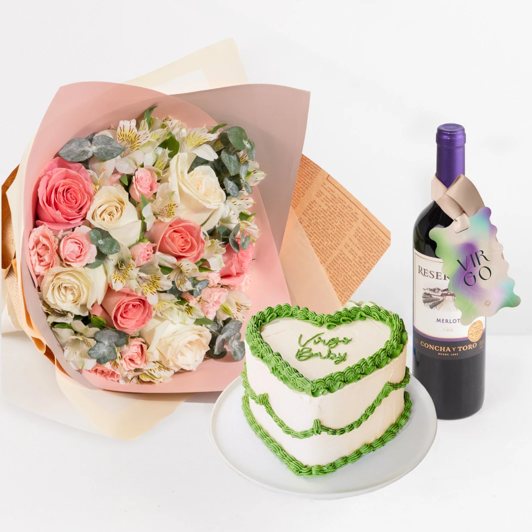 Regalo Virgo con Flores, Pastel y Vino 24805