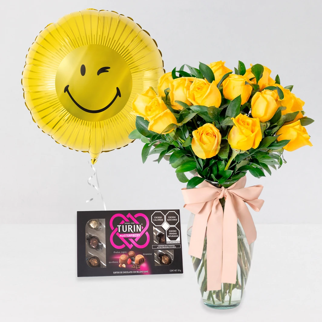 Arreglo 12 Flores Amarillas con chocolates Turín y Globo Smiley 24835