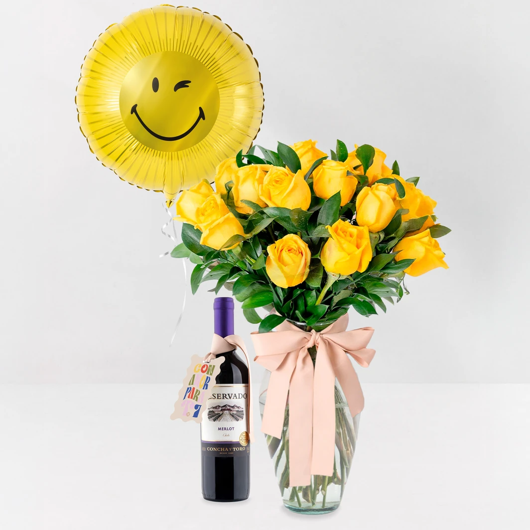 Flores Amarillas con Vino Tinto y Globo 24854