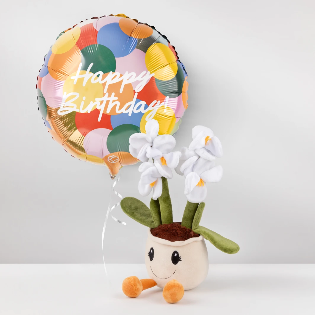 Mini Stuffed Orchid and Happy Birthday Balloon 24882