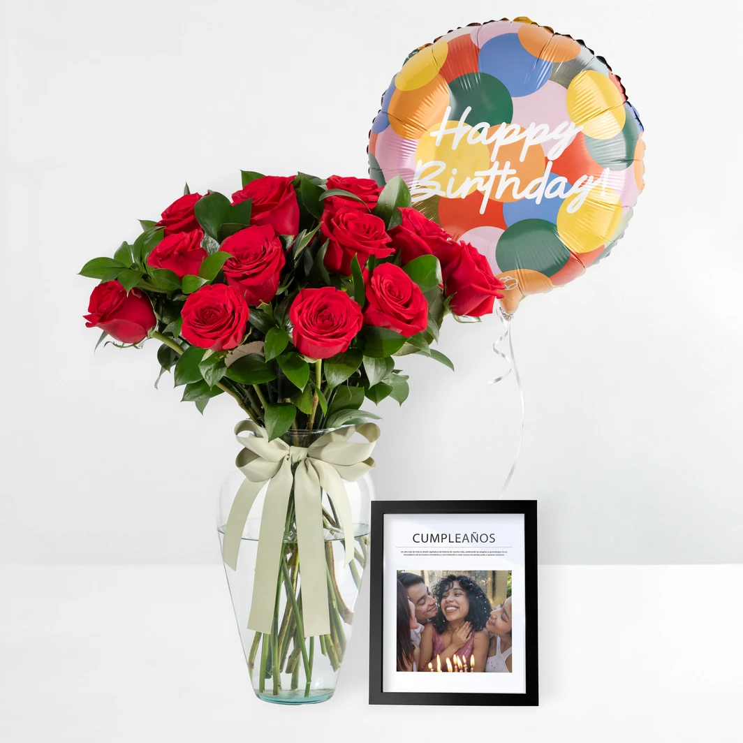 12 Rosas Rojas con Marco Foto y Globo Cumpleaños 24906