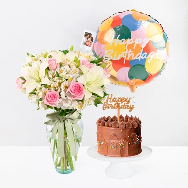 Kit Cumpleaños Lily y Rosas con Pastel Chocolate Florence 24909