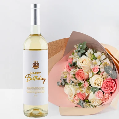 Vino Personalizado con Ramo de Rosa Hermosa y Rosa Blanca 24951