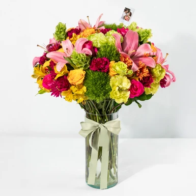 Arrangement of Orange Roses and Pink Lilies with Mini Photo 24987