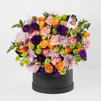 Arrangement of Orange Roses and Lisianthus with Mini Photo 24994