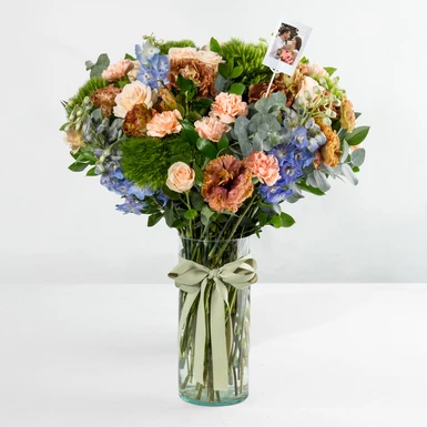 Ochre Lisianthus and Carnation Arrangement with Mini Photo 24996