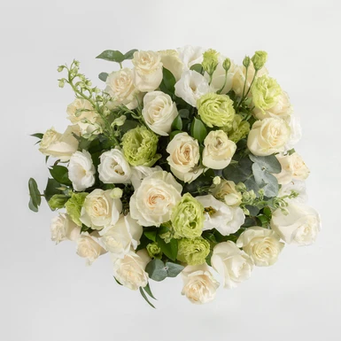 Arrangement of White Roses and Lisianthus with Mini Photo 24997