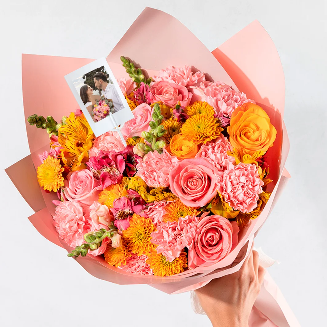 Ramo de Rosas Naranjas y Rosas con Mini Foto 25013