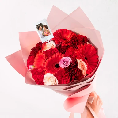 Bouquet of Gerberas and Red Carnations with Mini Photo 25021