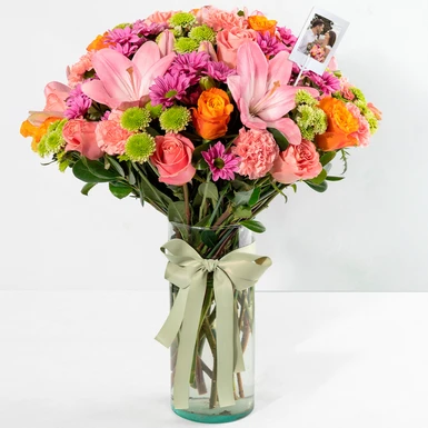 Arrangement of Lilies, Roses, and Daisies with Mini Photo 25026