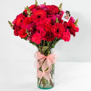 Arrangement of Red Gerberas and Daisies with Mini Photo 25027