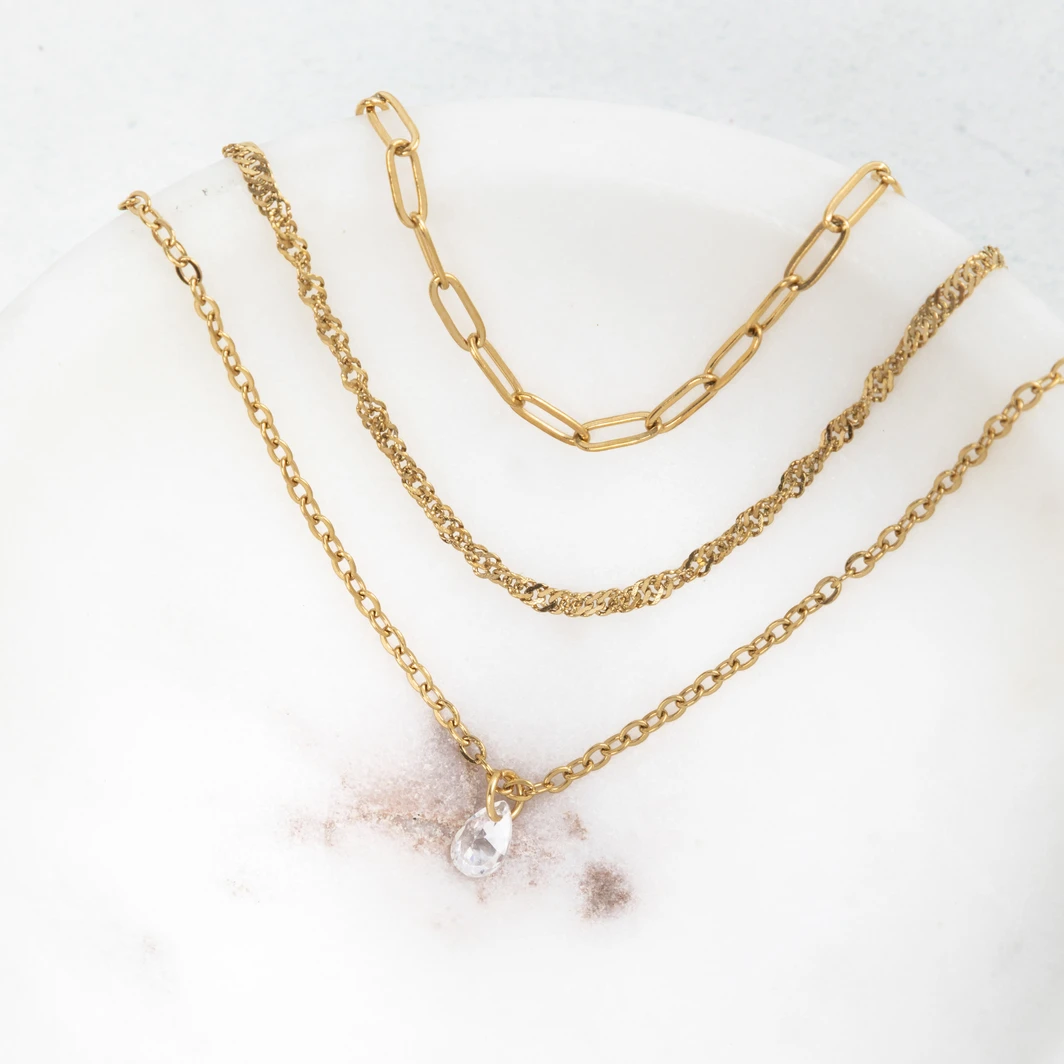 Collar Triple Cadena Con Piedra Lorenza 25060