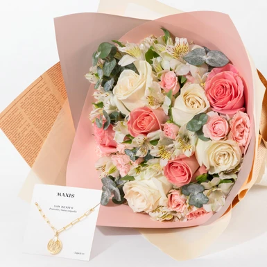 Pulsera San Benito Maxis con Ramo de Rosa Hermosa y Rosa Blanca 25096